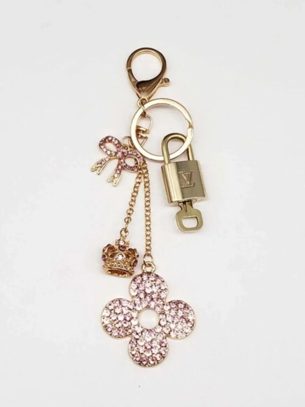 LV Authentic Gold Lock & Key 🔑 Luxury Bag Charm w/ Unbranded Flower Keychain